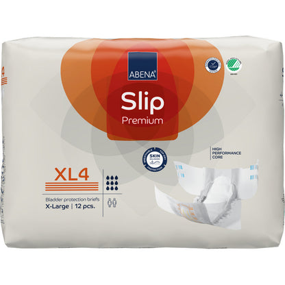 Un paquet de ABENA Slip Premium de Abena Re-Seller GmbH, taille X-Large (XL4), contient 12 slips pour l'incontinence. L'emballage blanc est orné d'accents orange et bleus et montre des illustrations du slip et des caractéristiques du produit.