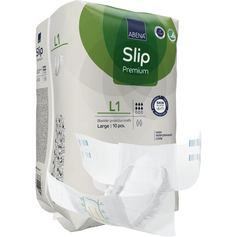 Un paquet de slips pour adultes ABENA Slip Premium de la Abena Re-Seller GmbH, taille Large, avec un slip à l'avant. Les points forts de l'emballage sont un noyau performant et un matériau respectueux de la peau pour une prise en charge optimale de l'incontinence.