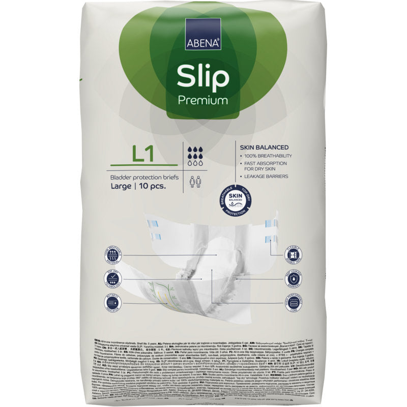 Un paquet ABENA Slip Premium de Abena Re-Seller GmbH, taille large, avec 10 pièces. L'emballage blanc a des accents verts et bleus et des informations claires sur le produit à l'avant.