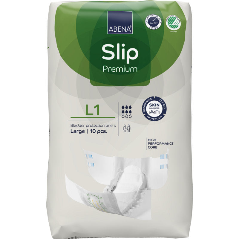 Un paquet de 10 ABENA Slip Premium de Abena Re-Seller GmbH, taille L1. L'emballage blanc-vert met en avant la protection de la peau et le noyau haute performance pour une prise en charge efficace de l'incontinence.