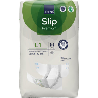 Un paquet de 10 ABENA Slip Premium de Abena Re-Seller GmbH, taille L1. L'emballage blanc-vert met en avant la protection de la peau et le noyau haute performance pour une prise en charge efficace de l'incontinence.