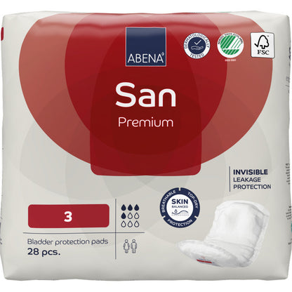 Eine 28er-Packung ABENA San Premium (Größe 3) der Abena Re-Seller GmbH bietet eine hohe Saugfähigkeit. Die überwiegend weiße Verpackung ist mit roten Akzenten, Zertifizierungslogos, Produktangaben und einem Tamponbild unten rechts versehen.