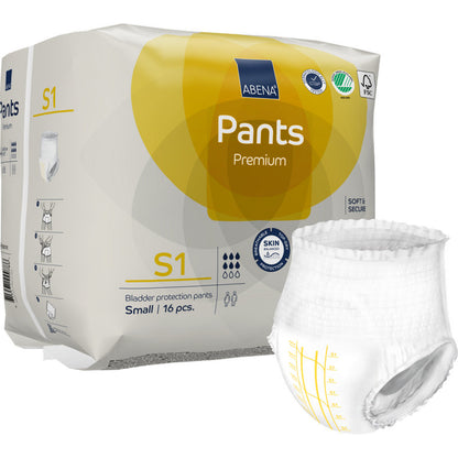 Un paquet de ABENA Pants Premium S de Abena Re-Seller GmbH contient 16 petits pantalons certifiés, respectueux de la peau, ici avec un ouvert pour une protection discrète contre l'incontinence.