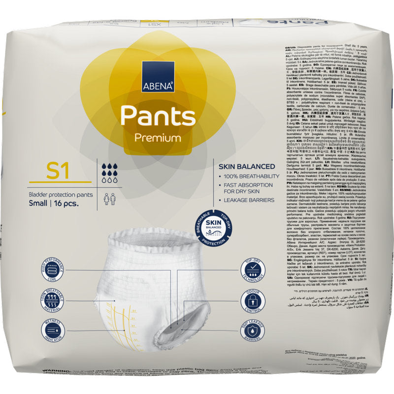 Un paquet de 16 pièces ABENA Pants Premium S de Abena Re-Seller GmbH pour la protection de la vessie, taille small. L'emballage principalement blanc avec des couleurs jaune et bleu contient des informations sur le produit, des icônes et une photo de la culotte d'incontinence.
