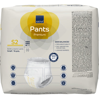 Un paquet de ABENA Pants Premium S de Abena Re-Seller GmbH en taille Small contient 16 pièces dans un emballage principalement blanc avec des accents jaunes et bleus et offre une protection fiable contre l'incontinence avec une information produit claire sur le devant.