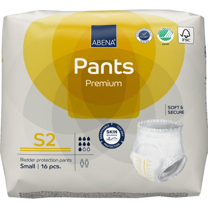 Les ABENA Pants Premium S de Abena Re-Seller GmbH, taille S2, sont disponibles en paquet de 16. L'emballage jaune-gris souligne le confort "doux et sécurisé" et la protection de la peau pour le soin de l'incontinence.