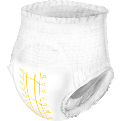 Les ABENA Pants Premium S de Abena Re-Seller GmbH sont des culottes jetables blanches avec une ceinture élastique et des ouvertures pour les jambes, ainsi que des tailles et mesures imprimées en jaune; idéales pour la prise en charge de l'incontinence.