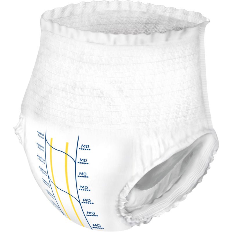 ABENA Pants Premium M de Abena Re-Seller GmbH : pantalon jetable pour adultes avec une haute capacité d'absorption, une ceinture élastique et des ouvertures pour les jambes. Se tient debout avec des indicateurs d'humidité bleus et jaunes et des marques de mesure à l'avant.