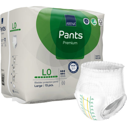 Eine 15-teilige Packung ABENA Pants Premium L von Abena Re-Seller GmbH, Größe Large. Eine Hose ist außerhalb der Verpackung abgebildet. Sie hat eine deutliche Größenmarkierung und elastische Beinöffnungen für einen effektiven Auslaufschutz.