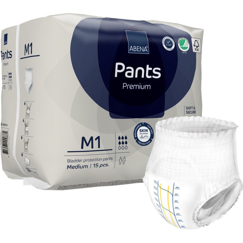 Un paquet de ABENA Pants Premium M de Abena Re-Seller GmbH contient 15 pantalons jetables de taille moyenne, dont un est illustré à l'extérieur de l'emballage, pour une protection fiable de la vessie.