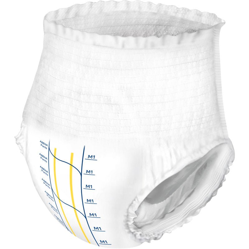 Les ABENA Pants Premium M de Abena Re-Seller GmbH sont un pantalon jetable blanc de style pull-up avec une ceinture élastique et des ouvertures pour les jambes, dotées de lignes bleues et jaunes et d'indicateurs étiquetés à l'avant.