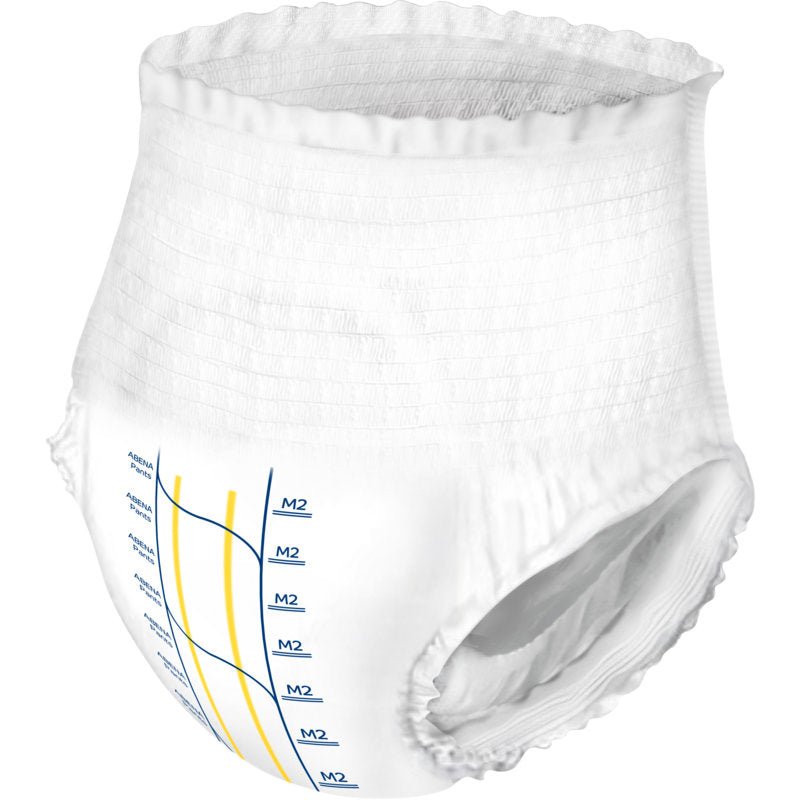 Les ABENA Pants Premium M de Abena Re-Seller GmbH sont un slip blanc de type pull-up avec une ceinture élastique et des ouvertures pour les jambes, dotés de marques de taille et d'absorption bleues et jaunes sur un côté.
