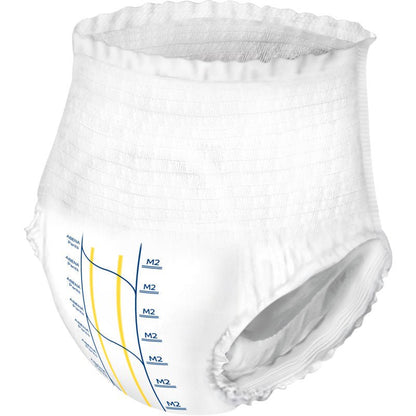 Les ABENA Pants Premium M de Abena Re-Seller GmbH sont un slip blanc de type pull-up avec une ceinture élastique et des ouvertures pour les jambes, dotés de marques de taille et d'absorption bleues et jaunes sur un côté.