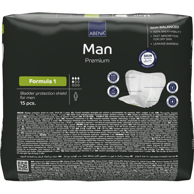 Eine 15er-Packung ABENA Man Formula Premium von Abena Re-Seller GmbH, in schlichter schwarzer Verpackung mit Produktdetails und Bildern des Inkontinenzschutzes für Männer auf der Vorderseite.