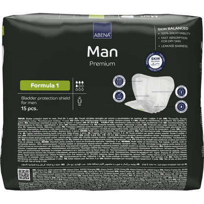 Un paquet de 15 ABENA Man Formula Premium de Abena Re-Seller GmbH, dans un emballage noir simple avec des détails de produit et des images de protection contre l'incontinence pour hommes sur le devant.