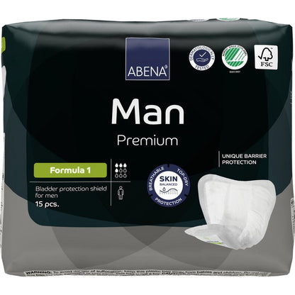 Un paquet de 15 ABENA Man Formula Premium de Abena Re-Seller GmbH offre respirabilité, équilibre cutané et protection barrière unique pour un soin fiable de l'incontinence masculine.