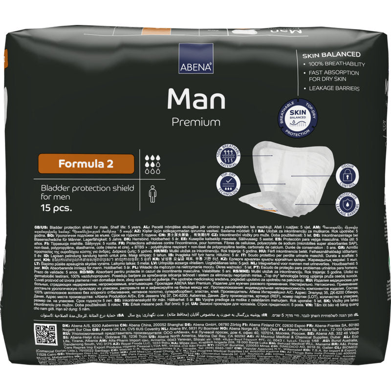 Un paquet d'ABENA Man Formula Premium de Abena Re-Seller GmbH, Formula 2 (15 pièces), assure une absorption rapide, une pleine respirabilité et de fortes barrières anti-fuites pour une protection optimale pour les hommes.