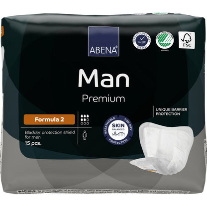 Un paquet de 15 protections de vessie ABENA Man Formula Premium de Abena Re-Seller GmbH est équipé d'infos produit, de logos de certification et d'une image du panneau sur l'emballage.