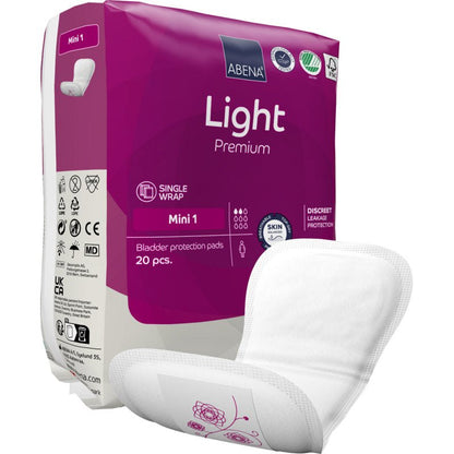 Un paquet de ABENA Light Mini 1, Premium de Abena Re-Seller GmbH contient 20 protections pour l'incontinence légère. Un coussinet est illustré à l'avant. L'emballage violet-blanc montre les détails du produit et les logos de la marque.