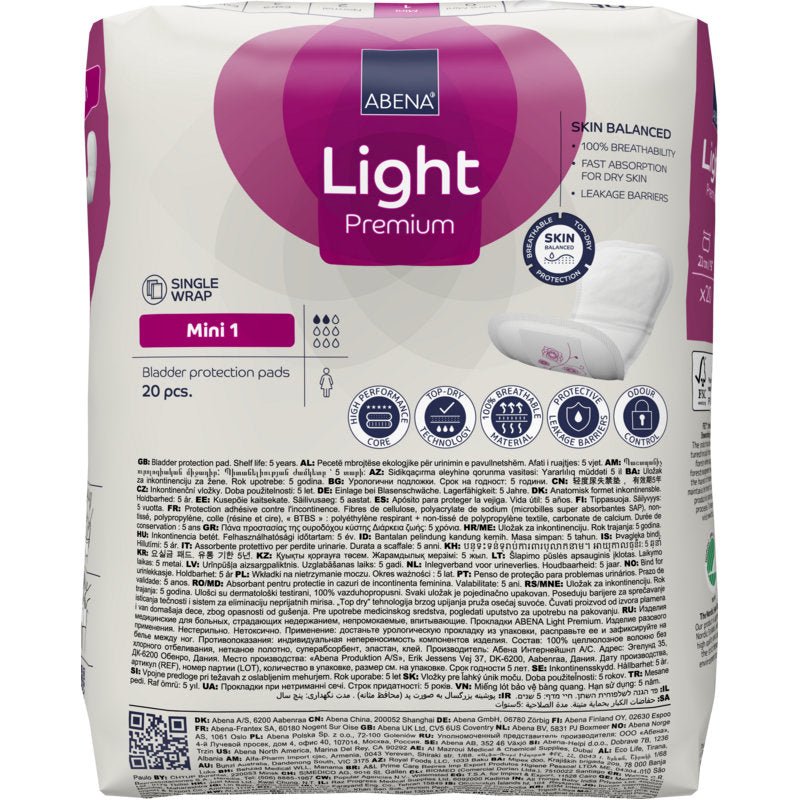 Paquet ABENA Light Mini 1, Premium (20 pièces) de Abena Re-Seller GmbH pour l'incontinence légère avec des détails multilingues, le branding du produit et l'illustration d'une protection pour incontinence sur le côté droit.