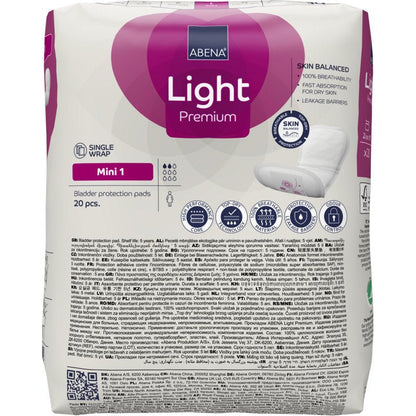 Paquet ABENA Light Mini 1, Premium (20 pièces) de Abena Re-Seller GmbH pour l'incontinence légère avec des détails multilingues, le branding du produit et l'illustration d'une protection pour incontinence sur le côté droit.