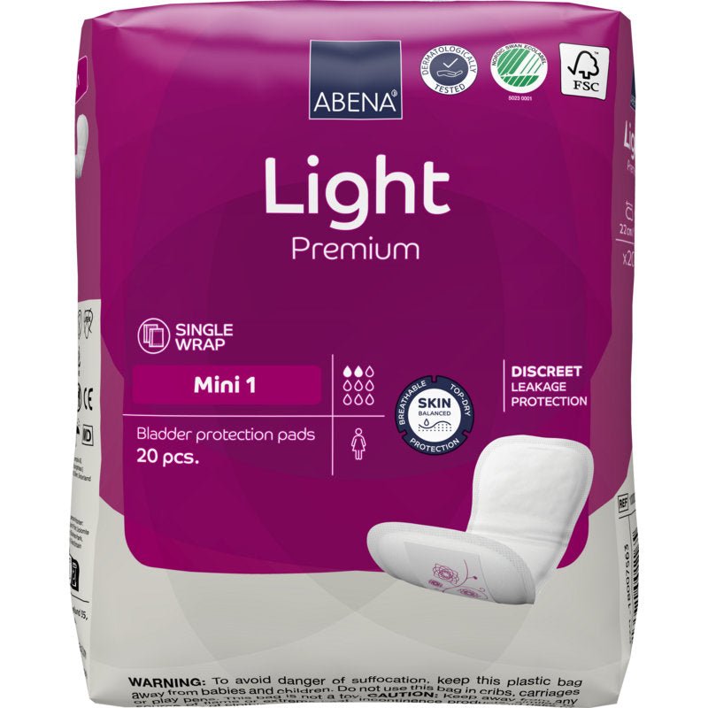 Un paquet de ABENA Light Mini 1, Premium de Abena Re-Seller GmbH contient 20 protections pour l'incontinence légère. L'emballage violet dispose d'un conditionnement individuel et d'une protection anti-fuite discrète avec une écriture blanche claire et des symboles.