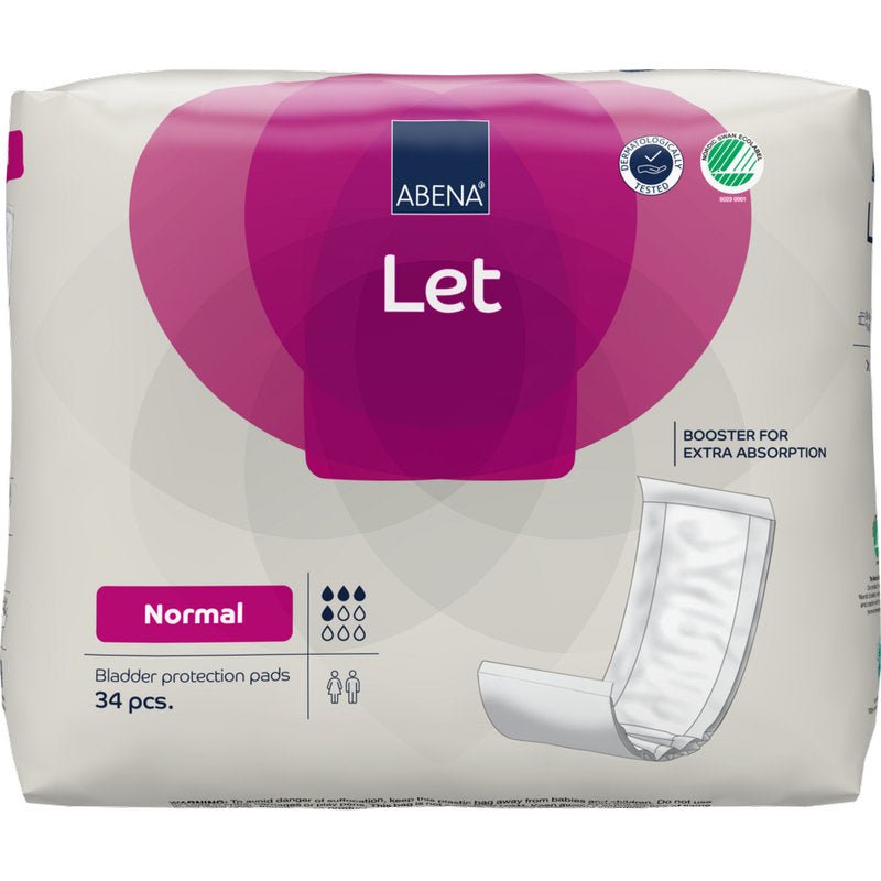 Un paquet de 34 protège-slips ABENA Let de la société Abena Re-Seller GmbH, dans un emballage blanc et violet avec des informations sur le produit, des icônes et le logo du sac ABENA Let.