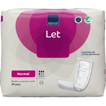 Un paquet de 34 protège-slips ABENA Let de la société Abena Re-Seller GmbH, dans un emballage blanc et violet avec des informations sur le produit, des icônes et le logo du sac ABENA Let.