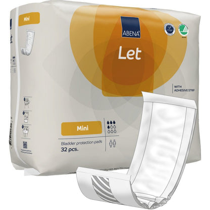 Illustré est un paquet de 32 protège-slips ABENA Let de la société Abena Re-Seller GmbH avec un insert à l'avant. L'emballage principalement blanc présente des accents orange et bleus et ressemble à un sac ABENA Let de haute qualité.