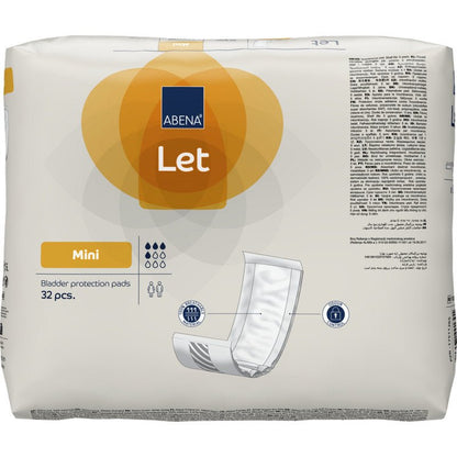 Un paquet de 32 protège-slips ABENA Let de la société Abena Re-Seller GmbH se distingue par un design principalement blanc avec des accents orange et une illustration de pad - idéal pour le rangement dans votre sac résistant.