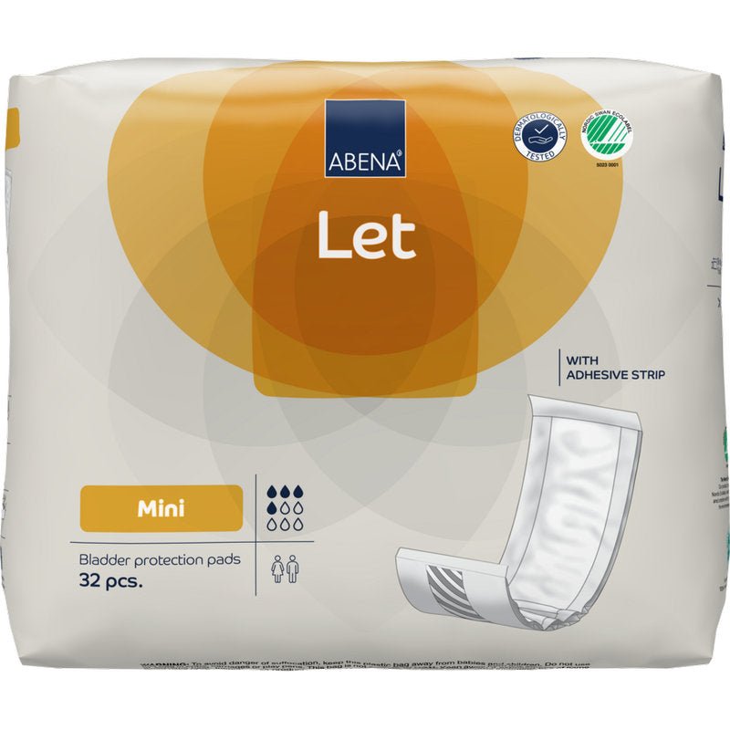 Un paquet de 32 protège-slips ABENA Let de la société Abena Re-Seller GmbH est livré dans un sac principalement blanc avec des accents orange et bleus, sur lequel est illustré un pad avec une bande adhésive.