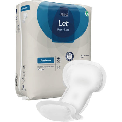 Un paquet de protège-slips ABENA Let de la société Abena Re-Seller GmbH, étiqueté avec 30 pièces, est généralement blanc et bleu avec un pad sur le devant, et l'emballage ressemble à un sac de haute qualité.