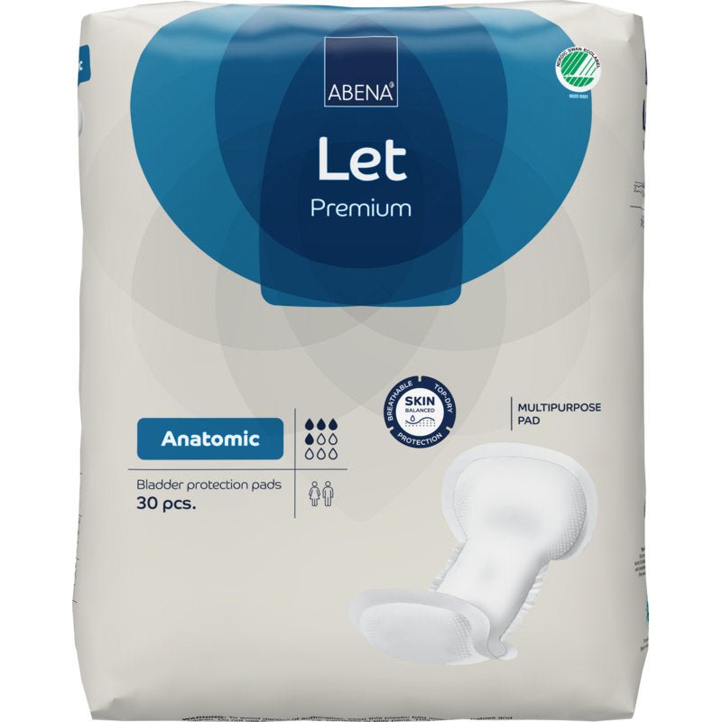 Un paquet d'inserts polyvalents ABENA Let de la société Abena Re-Seller GmbH avec 30 protège-slips est présenté dans un sac robuste. Le sac principalement blanc avec des accents bleus montre des informations sur le produit et une image des tampons sur le devant.