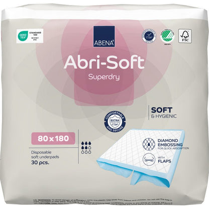 Un paquet de 30 protections jetables Abena Re-Seller GmbH Abri-Soft Superdry 80x180 cm offre une protection incontinence hygiénique, extra absorbante avec un matériau doux et un gaufrage en losange pour un confort et une absorption optimaux.