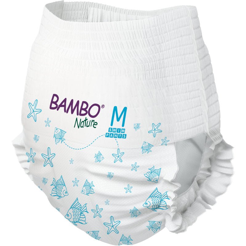La couche de bain Bambo Nature taille M (12+ kg) de Abena Re-Seller GmbH, paquet de 12 pièces, convainc en tant que couche de bain durable, blanche avec motifs de poissons bleus - idéale pour les familles soucieuses de l'environnement.