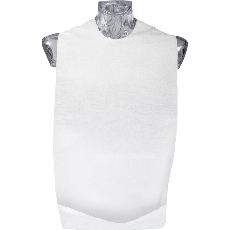 Un torse de mannequin transparent présente le bavoir jetable ABENA Excellent avec poche, 37x70 cm, blanc (paquet de 100 pièces) de Abena Re-Seller GmbH, montré sur un fond blanc pour un aspect hygiénique.