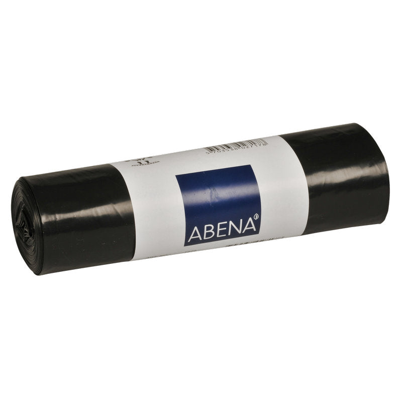 Un rouleau de sacs-poubelle noirs avec une impression blanche et bleue de la marque Abena Re-Seller GmbH portant la désignation "Sacs à déchets pour Sæko Boy 120, 35 my LLDPE".