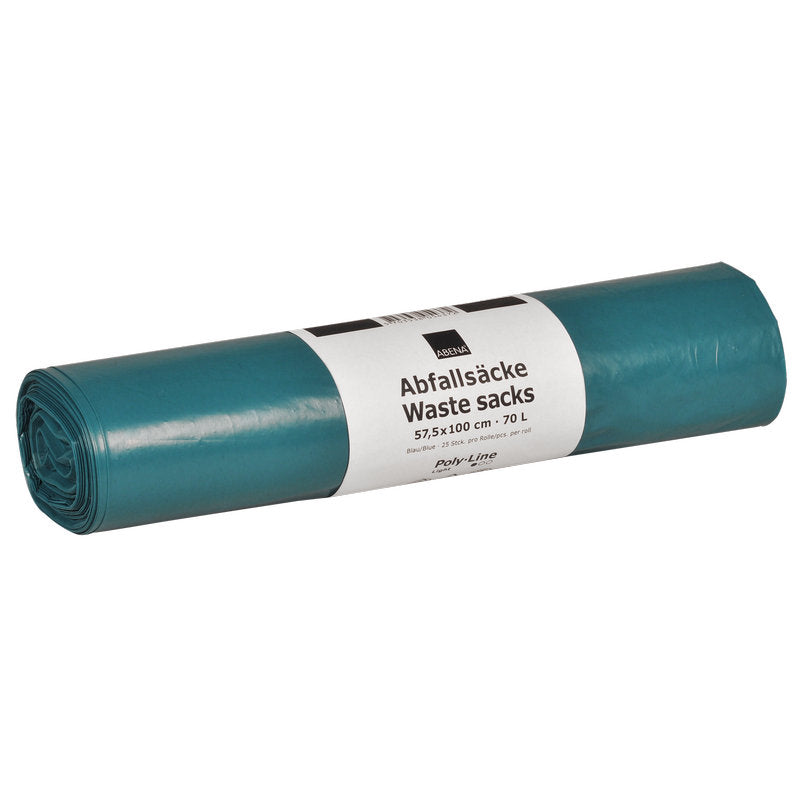 Ein aufgerollter blauer Abena Re-Seller GmbH LDPE Abfallsäcke 70 L (575x1000 mm, 32 my) mit einem weißen Etikett, ideal für die Müllentsorgung.