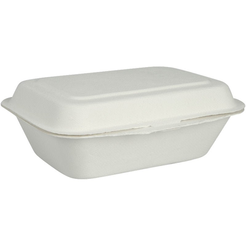 La boîte à menu, Bagasse, Non divisée, Blanche de Abena Re-Seller GmbH est un conteneur à emporter blanc, rectangulaire et fermé en fibre moulée. Elle est biodégradable et compostable et est montrée sur un fond blanc simple.