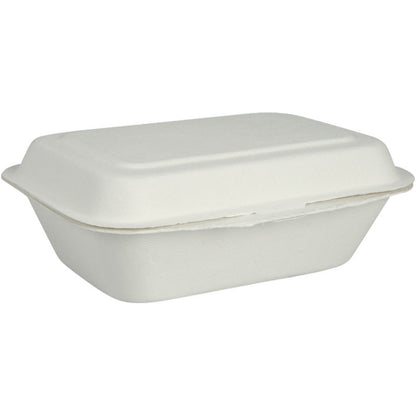 La boîte à menu, Bagasse, Non divisée, Blanche de Abena Re-Seller GmbH est un conteneur à emporter blanc, rectangulaire et fermé en fibre moulée. Elle est biodégradable et compostable et est montrée sur un fond blanc simple.
