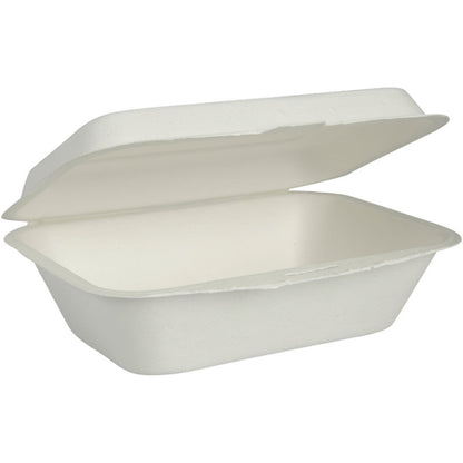 Une boîte à menu Bagasse ouverte, non divisée, blanche de Abena Re-Seller GmbH, fabriquée en matériau biodégradable et compostable, est montrée vide avec le couvercle relevé sur un fond simple.