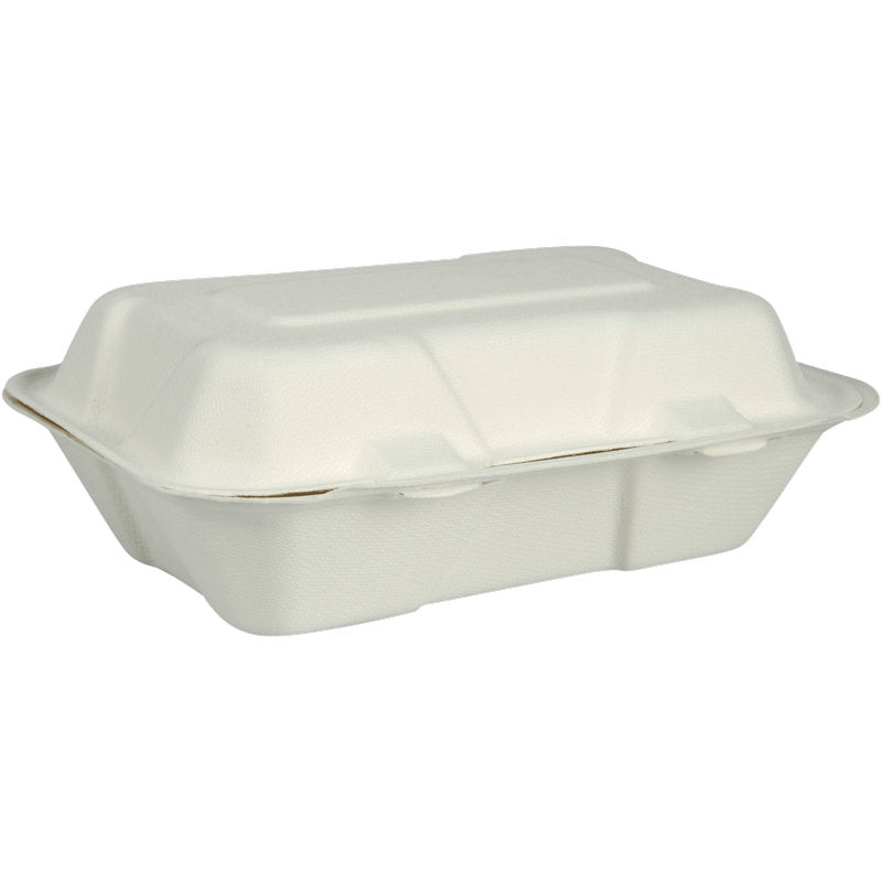 La boîte à menu, Bagasse, Non divisée, Blanche de Abena Re-Seller GmbH est un conteneur alimentaire blanc, rectangulaire et fermé à emporter avec un couvercle rabattable en matériau compostable et biodégradable, illustré sur un fond blanc simple.