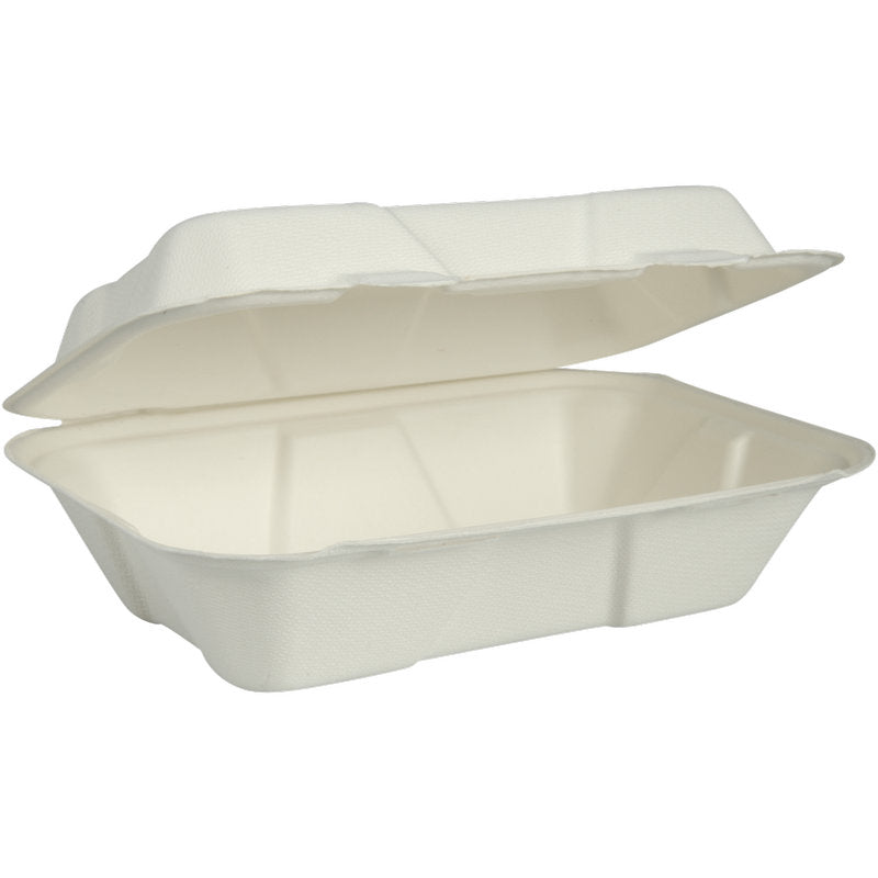 Une boîte à menu blanche, rectangulaire, Bagasse, Non divisée de Abena Re-Seller GmbH est illustrée ouverte avec le couvercle relevé. Le conteneur en fibre moulée compostable et biodégradable est vide et se tient devant un fond simple.