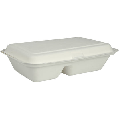 La boîte à menu d'Abena Re-Seller GmbH en bagasse, divisée en 2 parties en blanc (25x16,2x6,3 cm), biodégradable et emballée par 50 pièces, est représentée sur un fond blanc simple.