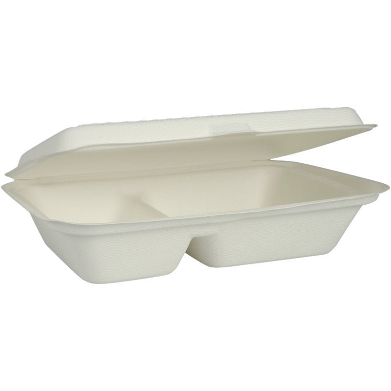 Est représentée une boîte à menu rectangulaire blanche ouverte d'Abena Re-Seller GmbH (bagasse, divisée en 2 parties, 25x16,2x6,3 cm) avec un couvercle attaché ; elle est biodégradable et est livrée en paquet de 50 pièces.