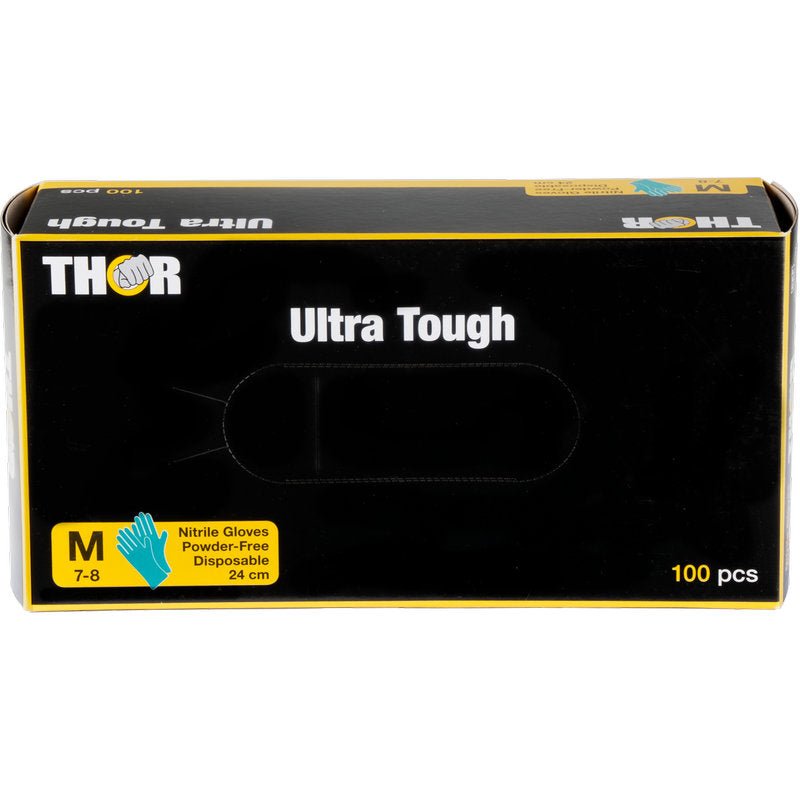 Une boîte verte avec l'inscription "Thor Ultra Tough" de la société Abena Re-Seller GmbH contient 100 gants jetables en nitrile de taille moyenne, sans poudre (24 cm) - le produit durable idéal pour les activités de plein air.