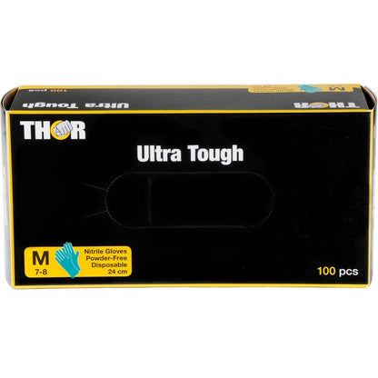Une boîte verte avec l'inscription "Thor Ultra Tough" de la société Abena Re-Seller GmbH contient 100 gants jetables en nitrile de taille moyenne, sans poudre (24 cm) - le produit durable idéal pour les activités de plein air.