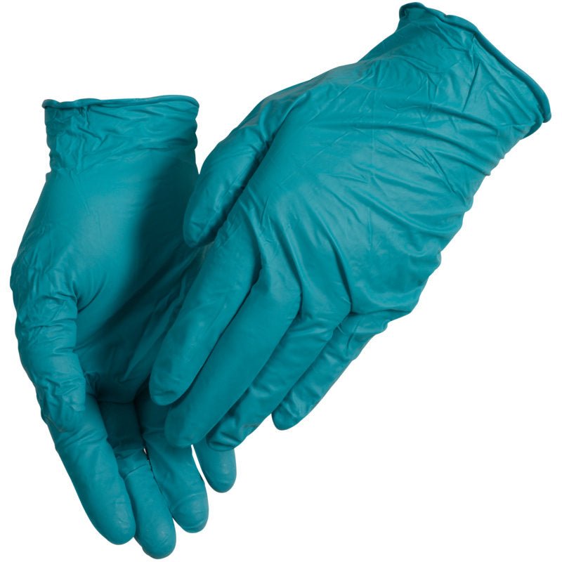 Une paire de gants jetables en nitrile verts Thor Ultra Tough de la société Abena Re-Seller GmbH, portés sur les deux mains et illustrés sur un fond blanc - idéaux pour les activités de plein air en raison de leur durabilité exceptionnelle.