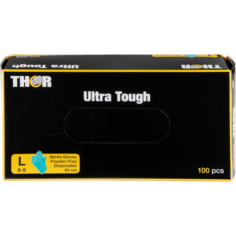Une boîte verte avec l'inscription "Thor Ultra Tough" de la société Abena Re-Seller GmbH contient 100 grands gants jetables en nitrile sans poudre (taille 8-9, 24 cm) - idéaux pour les activités de plein air. À côté de la taille apparaît une illustration de gant bleu.
