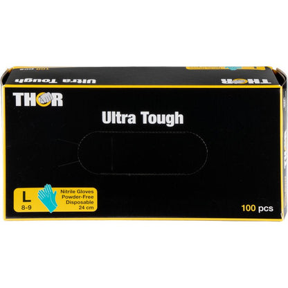 Une boîte verte avec l'inscription "Thor Ultra Tough" de la société Abena Re-Seller GmbH contient 100 grands gants jetables en nitrile sans poudre (taille 8-9, 24 cm) - idéaux pour les activités de plein air. À côté de la taille apparaît une illustration de gant bleu.